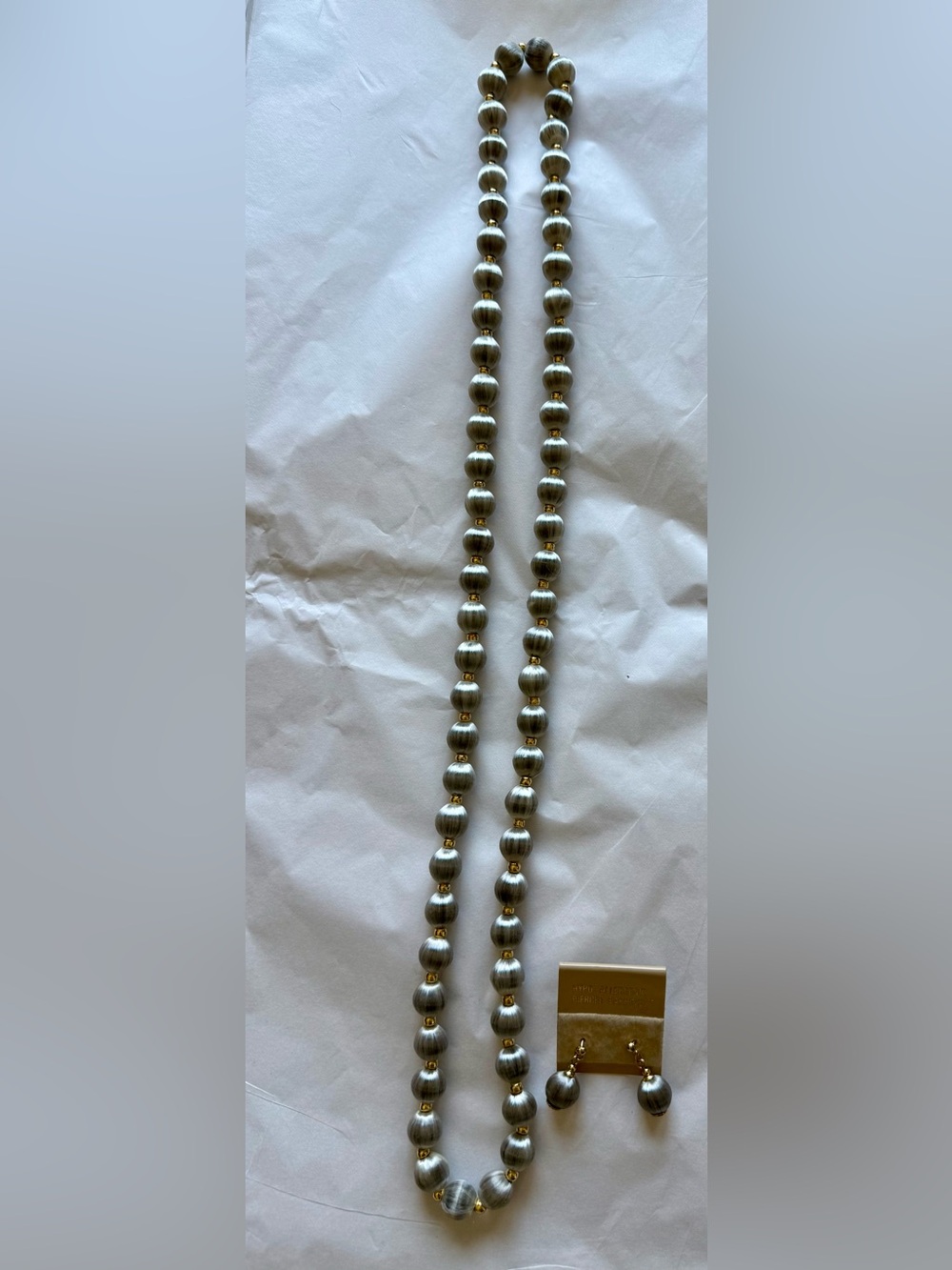 Vintage 1980s Silver Satin Thread Beaded Necklace and Earrings Set
